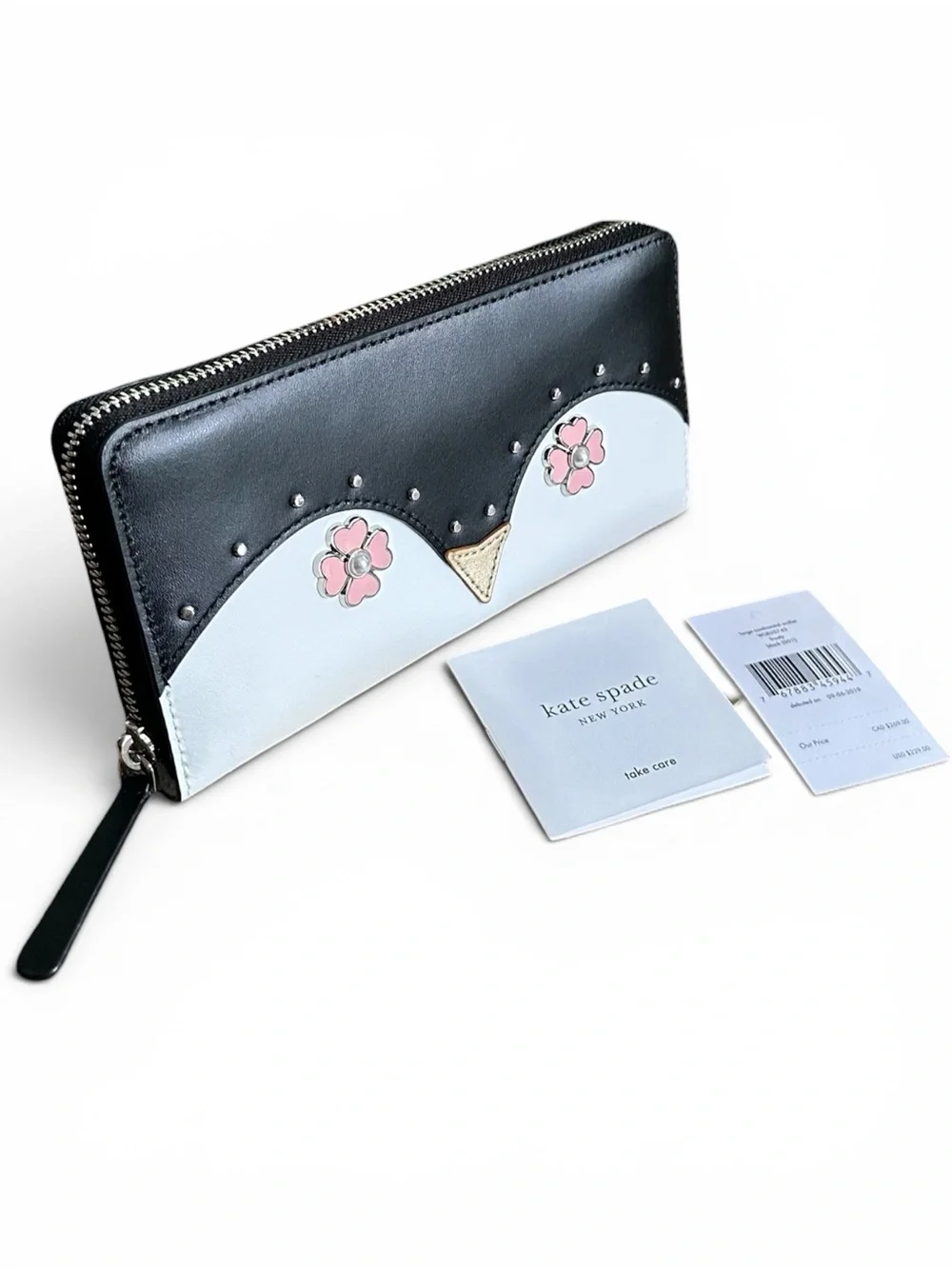 Kate Spade Penguin Novelty Continental Wallet NWT Zip Around Floral Black White